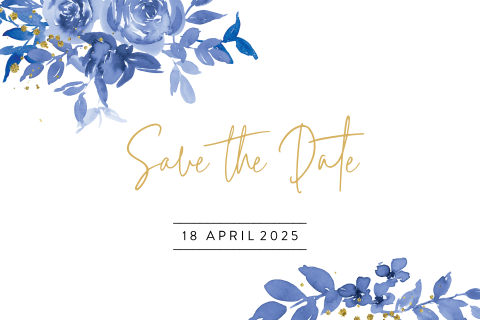 Save The Date Kaart Met Blauwe Bloemen En Goudkleurige Spetters