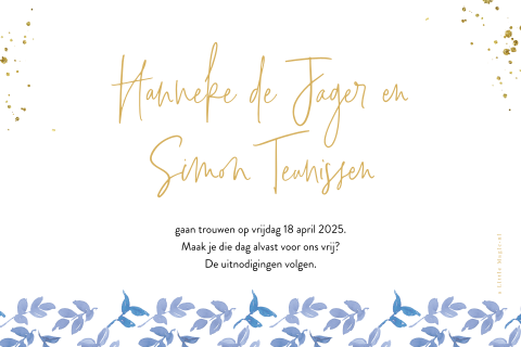 Save The Date Kaart Met Blauwe Bloemen En Goudkleurige Spetters